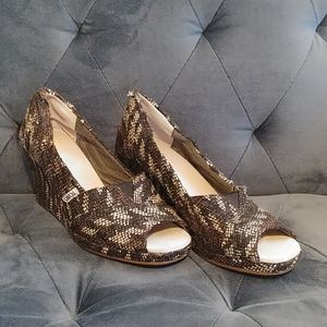 Toms tweed open toe wedge heels